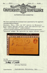 March 1861, 3¢ Red Star Die entire (U27) from Sherman Texas to ...