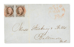 1847, 5¢ red brown (Scott 1), horizontal pair, large margins at ...
