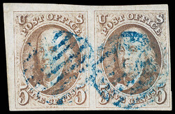 1847, 5¢ red brown (Scott 1), horizontal pair, individual blue 7-bar ...
