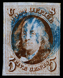 1847, 5¢ red brown (Scott 1), sound four-margined example with rich ...