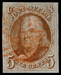 1847, 5¢ orange brown (Scott 1b), clean and sound with four balanced ...