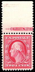 1908, 2¢ carmine, D.L. watermark (Scott 332), full wide top margin ...