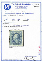 1909, 13¢ blue green, D.L. watermark (Scott 339), o.g., never hinged ...