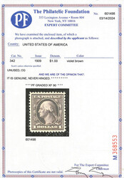 1909, $1 violet brown, D.L. watermark (Scott 342), o.g., never hinged ...