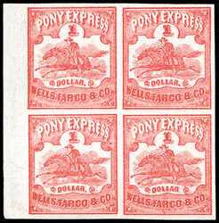 Wells Fargo & Co., 1861, $1 red (Scott 143L3), left margin block of 4 ...