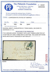 1863, 20¢ green, diagonal bisect (Scott 13d), bottom right corner, ...