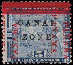 1904, 5c Map, blue, "PANAMA" double (Scott 12d), overprints vermilion ...