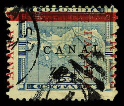 1904, 5c Map, blue, "PANAMA" double (Scott 12d), Showing three full ...