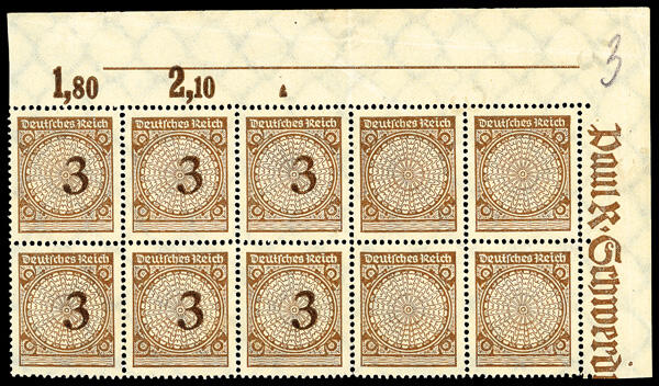 1923, 3pf Numeral Issue, value omitted (Michel 338a I), upper right ...
