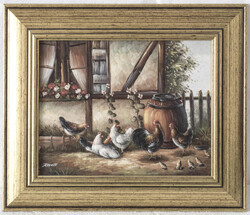 Ölgemälde "Hühnerhof", Öl auf Leinwand. Links unten signiert. ...