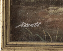 Ölgemälde "Hühnerhof", Öl auf Leinwand. Links unten signiert. ...