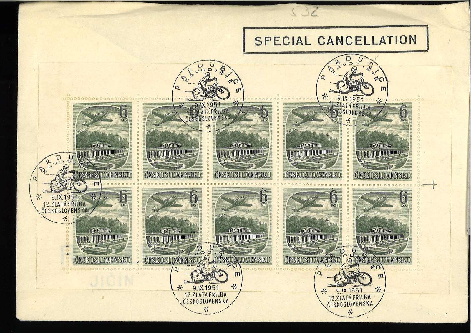 Tschechoslowakei 1951, Mi. - Nr. 678 im 10er Block auf Umschlag,. mit ...