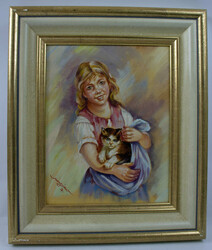 Hans Magister. Ölgemälde auf Leinwand "Mädchen mit Katze" links ...
