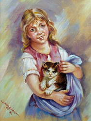 Hans Magister. Ölgemälde auf Leinwand "Mädchen mit Katze" links ...