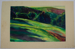 Aquarell "bergige Gegend mit viel Grün und bewaldten Hänge" links ...