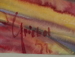 farbenfrohes expressionistisches Aquarell "Landschaft mit Heuhaufen", ...