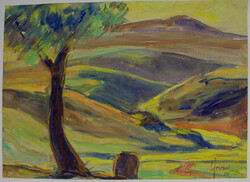Aquarell "Landschaftsgemälde mit markanten Baum und Grabstein? im ...