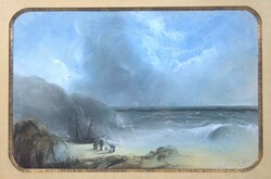 J. Fox, Aquarell auf Papier, "Heimkehrende Fischer", hinter Glas ...