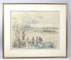 Jacky Bluteau (1933-), Aquarell auf Papier "Angelpartie", rechts ...