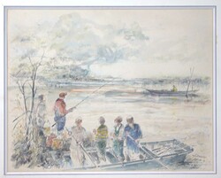 Jacky Bluteau (1933-), Aquarell auf Papier "Angelpartie", rechts ...