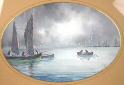 unbekannter Künstler, Aquarell auf Papier "Fischer bei Nacht", ...