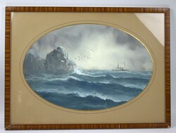 unbekannter Künstler, Aquarell auf Papier "Boot im Wellengang", ...