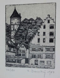 Lithographie, "Dorfszene", 77/80 unleserlich signiert, 1984. Hinter ...