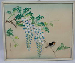 Seidenmalerei "Blauregen mit Schwalbe" links seitlich signiert, ...