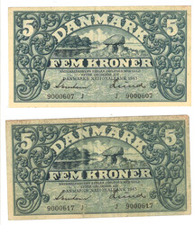 2 Banknoten Dänemark "5 Kroner" 1943. 1x gebrauchter, 1x guter ...