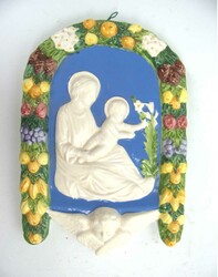 Wandbild "Madonna mit Kind und Lilie" Flachrelief aus glasierter ...