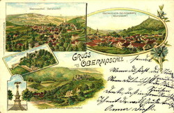 Ansichtskarte " Gruss aus Obermoschel", Totalansichten, gelaufen 1899 ...