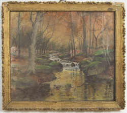 Kreidezeichnung auf Papier "Herbstliche Waldlandschaft", hinter Glas ...