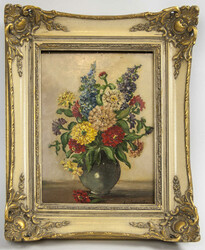 Ölgemälde auf Hartfaserplatte "Blumenstillleben" rechts unten ...