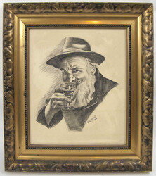 Bleistiftzeichnung "älterer Mann beim Weintrinken" rechts signiert A ...