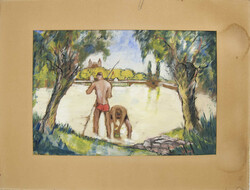 H. Fay, Gemälde auf Papier, 2 Männer beim Fischfang, rechts unten ...