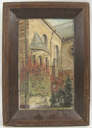 Ölgemälde auf Platte "Aussenansicht Kirche" undeutlich signiert, ...