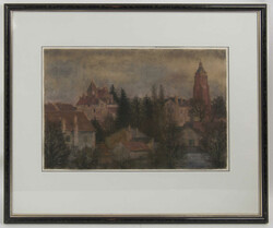 Kreidezeichnung "europäische Stadtansicht mit markanten Kirchturm" ...