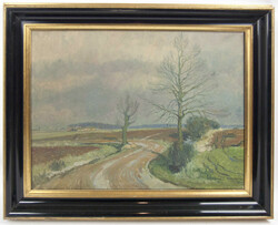 Ölgemälde auf Leinwand "Landschaft mit 2 alten Bäumen am Weg" ...