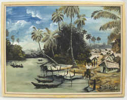 S.W. Okezie, Ölgemälde auf Platte, "Dorf in der Karibik", gerahmt. ...