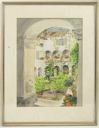 Aquarell "mediterraner Innenhof mit Pflanzen" links unten undeutlich ...