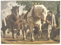 Ölmalerei auf Holzplatte "Bauer mit Pferdefuhrwerk" nach Junghanns, ...