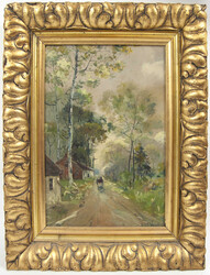 Ölgemälde auf Holzplatte, golden gerahmt "Landschaftsszene mit ...