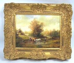 Ölgemälde auf Platte "Landschaftsszene mit Kühen an einem Bach und ...