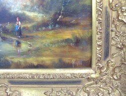 Ölgemälde auf Platte "Landschaftsszene mit Kühen an einem Bach und ...