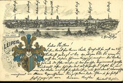 Ansichtskarte "Leipzig - Totalansicht, mit Wappen". Gelaufen 1899 ...
