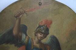 Heiligenbildnis "Erzengel Michael" Öl auf Holzplatte um 1800, guter ...