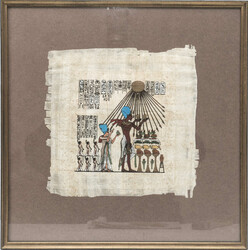 Papyrus Echnaton und Nofretete mit ihren zwei Töchtern bei Opfergang ...