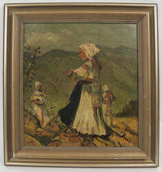 Ölgemälde auf Platte "Bergpfad - ländliche Szene mit Frauen in ...