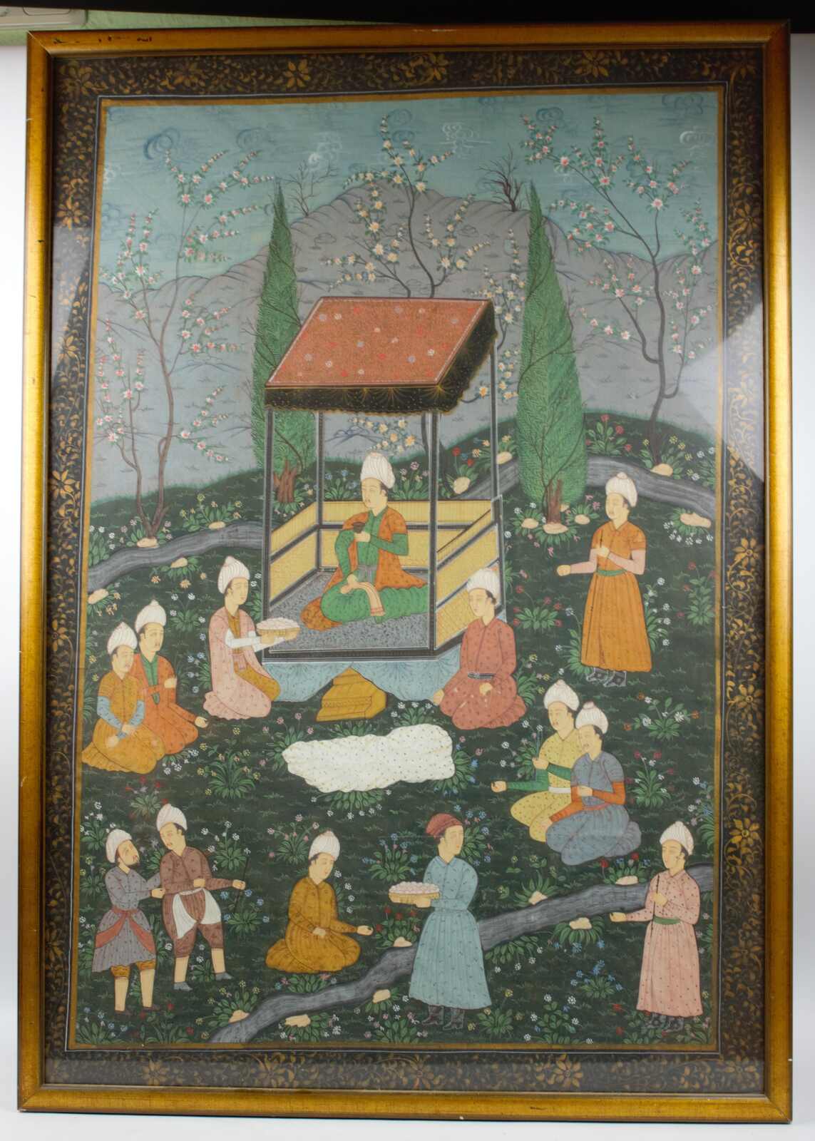 Seidenmalerei "asiatische Gartenszene" hinter Glas gerahmt. ...