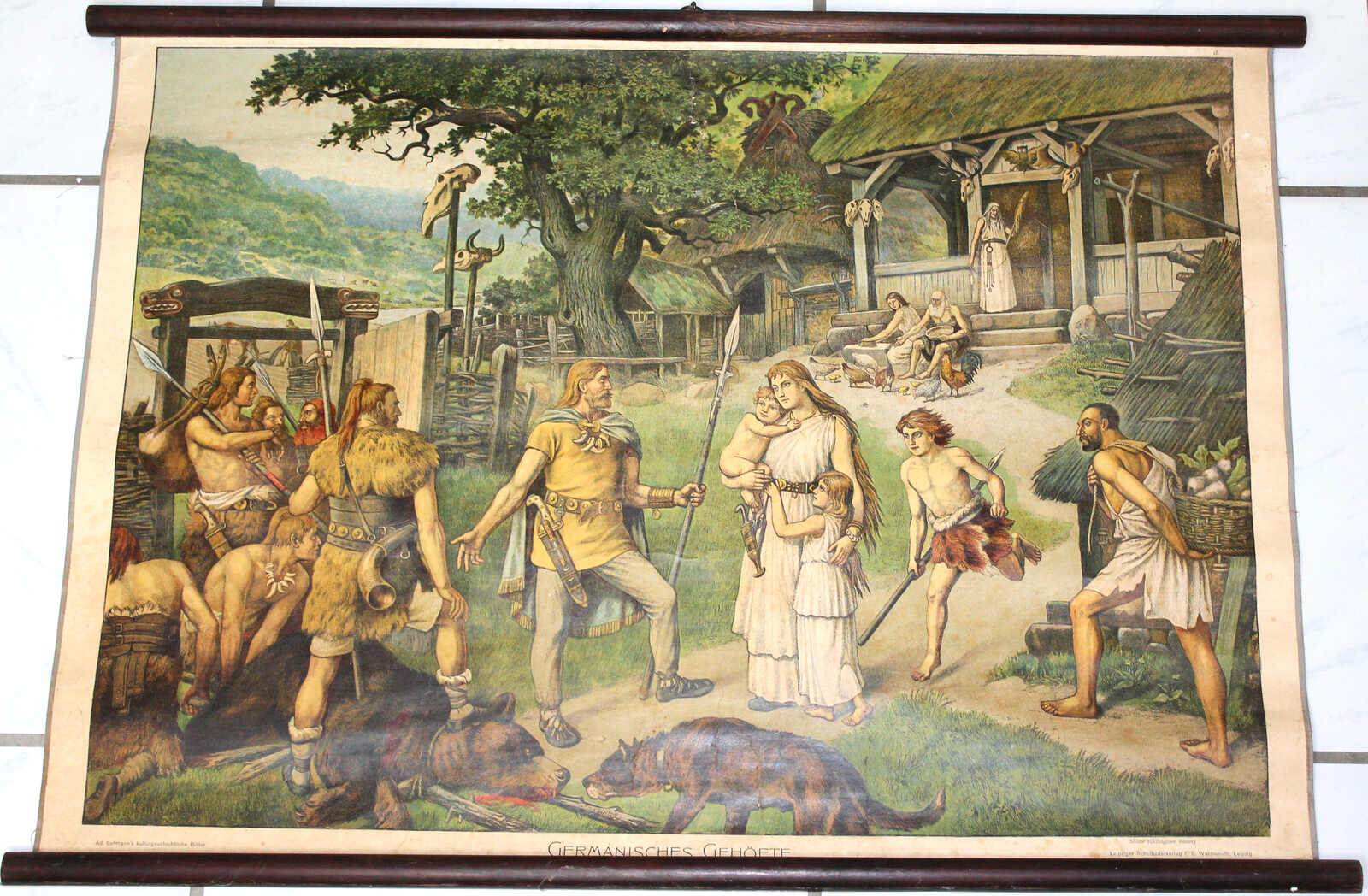alte Schulwandtafel "Germanisches Gehöfte" Mittelalterliche Szene, ...
